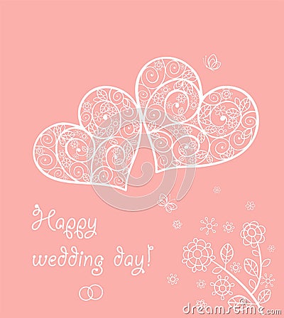 Pastel pink wedding greeting card with lacy hearts pair and decorative tree Vector Illustration
