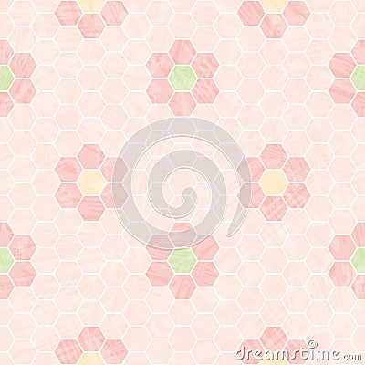 Pastel pink and white honeycomb design with mosaic flowers. Seamless vector pattern with transparent watercolor effect Vector Illustration