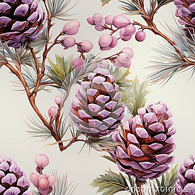 Pastel purple pine cone seamless pattern, created with generative AI Stock Photo