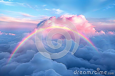 A pastel rainbow arching over soft, fluffy clouds against the backdrop of an azure sky. pastels and soft colors create a drea Cartoon Illustration