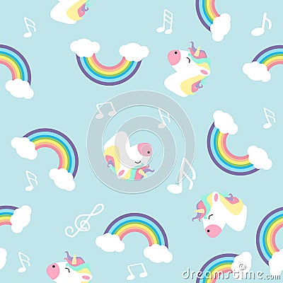 Pastel rainbow unicorn with note seamless pattern Vector Illustration