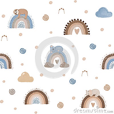 Pastel rainbows and sleeping animals seamless pattern. Cute little koala, hippo and sloth, baby pattern, hand drawn illustration Cartoon Illustration