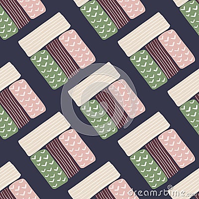 Pastel rectangle silhouettes seamless pattern. Navy blue background. White, pink, green and dark maroon geometry figures Cartoon Illustration