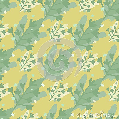 Pastel seamless naive pattern with branches and abstract floral silhouettes. Yellow background, light green elements Cartoon Illustration