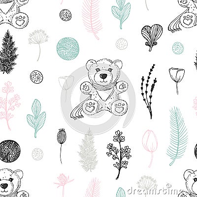 Pastel seamless pattern with hand drawn teddy bear and flowers. Cute doodle background Vector Illustration