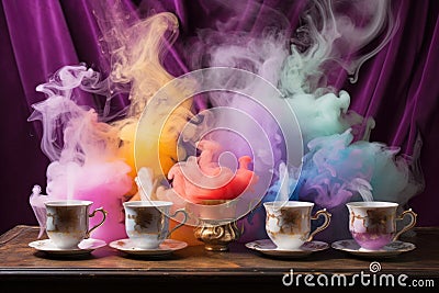 pastel smoke pouring from a set of colorful teacups Stock Photo