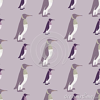 Pastel tones animal doodle seamless pattern with penguin ornament. Pale purple ornament. Doodle backdrop Vector Illustration