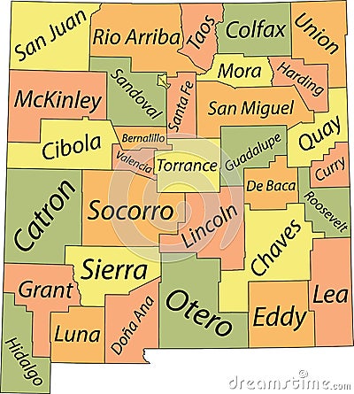 Pastel counties map of New Mexico, USA Vector Illustration