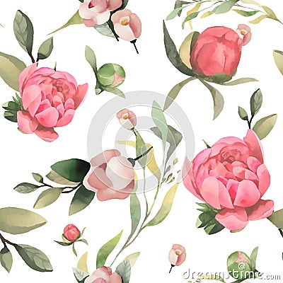 Pastel watercolor hand drawn paint pink flower seamless pattern. Vector Illustration