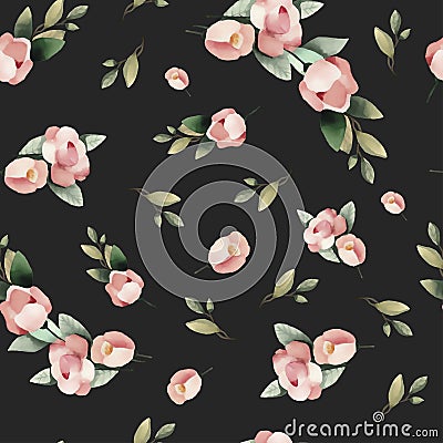 Pastel watercolor hand drawn paint pink flower seamless pattern. Vector Illustration