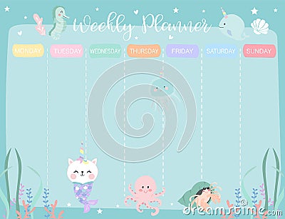 Pastel weekly calendar planner with little mermaid,caticorn,squid,coral and sea horse Vector Illustration