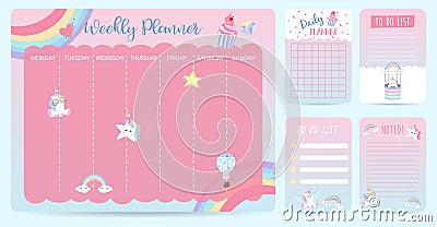 Pastel weekly calendar planner with llama,alpaca,cactus,glasses Vector Illustration