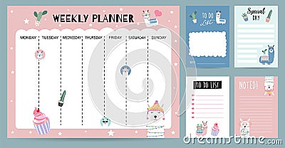 Pastel weekly calendar planner with llama,alpaca,cactus,glasses Vector Illustration