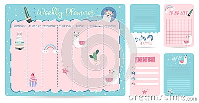 Pastel weekly calendar planner with llama,glasses,ice cream and Vector Illustration