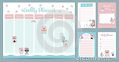 Pastel 2019 weekly calendar planner with pig,rainbow,gift,cactus,glasses and cupcake Vector Illustration