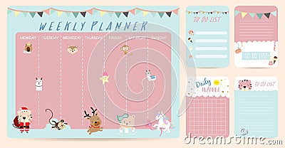 Pastel weekly planner with bear; llama; christmas; reindeer; tiger; fox; unicorn,flag and star Vector Illustration