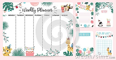 Pastel weekly planner with tiger,giraffe,monkey,leaf Vector Illustration