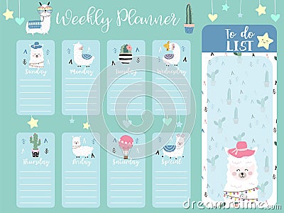 Pastel weekly planner with llama,star Vector Illustration