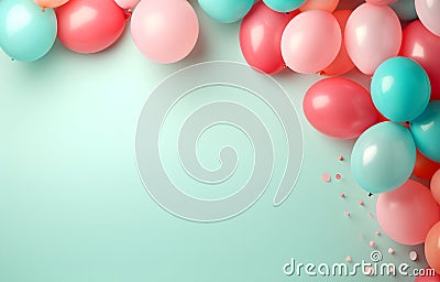 pastel white, pink and bluen balloon on light background for holiday birthday card decor top view Stock Photo