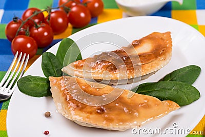 Pasties with sour cream, spinach and cherry tomatoes Stock Photo