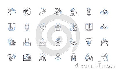 Pastimes line icons collection. Gaming, Biking, Reading, Traveling, Fishing, Painting, Writing vector and linear Vector Illustration