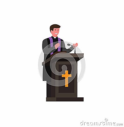 Pastor, priest, preacher speaking in podium with bible, cartoon flat illustration vector isolated in white background Vector Illustration