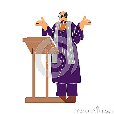 Pastor in round glasses and cassock reads sermon flat style Vector Illustration