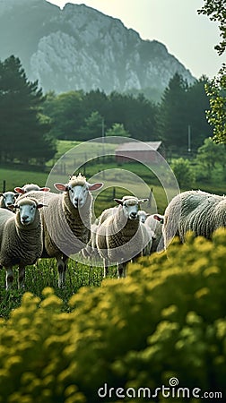 Pastoral beauty, sheep grazing harmoniously, creating a peaceful farm Stock Photo