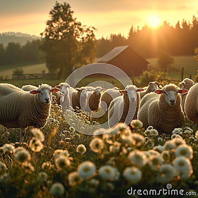 Pastoral beauty, sheep grazing harmoniously, creating a peaceful farm Stock Photo