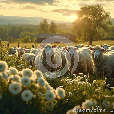 Pastoral beauty, sheep grazing harmoniously, creating a peaceful farm Stock Photo