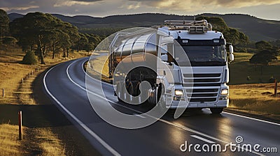 Pastoral Passage. Milk tanker truck on a country road. Generative AI Stock Photo