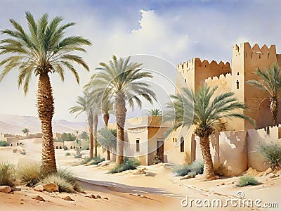 Pastoral Watercolor: Arabian Peninsula Landscape Painting from the Past. Stock Photo