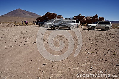 A group of tourist 4x4 vehicles in the desert in the Sud Lipez Region of Bolivia. Editorial Stock Photo