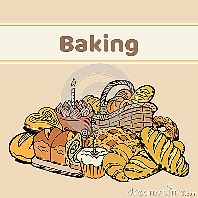 Pastries bakery vector poster. Bread, cakes,cookies, pastry and baked goods promotional advertisment. Colored sketch Vector Illustration