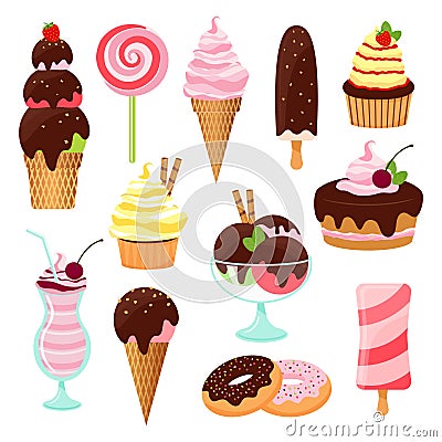 Pastries cakes and ice cream icon set Vector Illustration