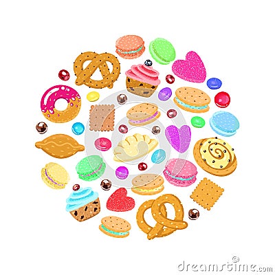 Pastries, sweets and candies vector circle background Vector Illustration