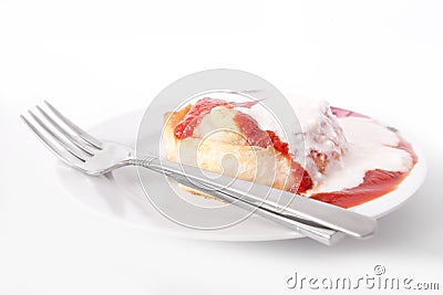 Pastry borek fork manti gravy service yoghourt Stock Photo