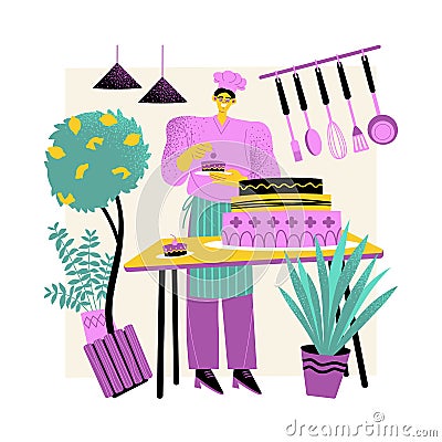 A pastry chef decorates a cake and pastries in a cozy kitchen. Confectionery and production of sweets Vector Illustration