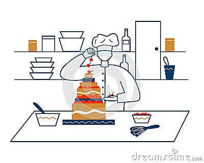 The pastry chef decorates a large cake with cherry berries. There are dishes, plates and bowls in the kitchen. White Vector Illustration