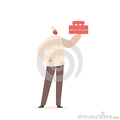 Pastry Chef Male Character Proudly Presenting Beautiful Cake Isolated On White Background. Baker Job Vector Illustration Vector Illustration