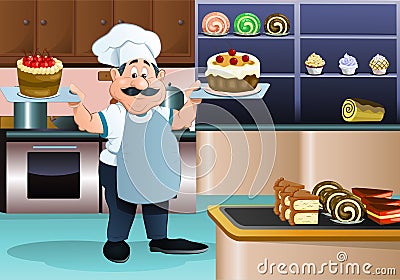 Chef serving sweet cake on bakery background Stock Photo