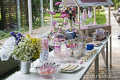 Pastry children`s party detail, cake delight and snacks, sweet desserts at children`s party. Stock Photo