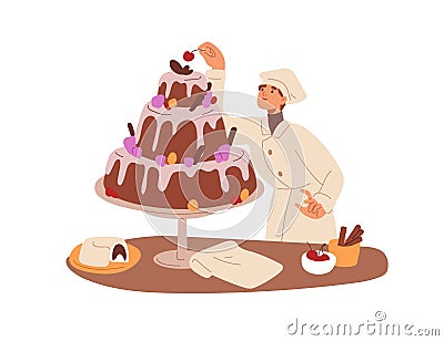 Pastry-cook decorating cake. Chef cooker, confectioner cooking delicious sweet dessert, adding cherry, final touch to Vector Illustration