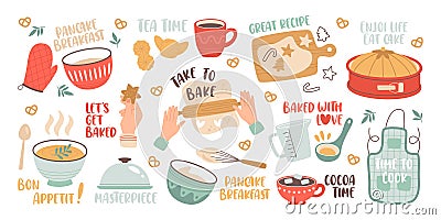 Pastry cooking, homemade sweets preparation and handicraft bakery lettering stickers isolated set Vector Illustration