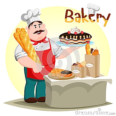 Pastry creamie cake and baguette in baker hand Vector Illustration