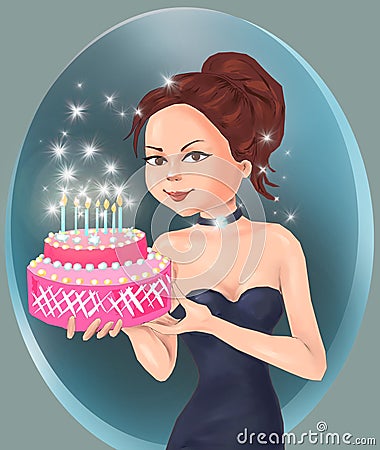 Pastry girl and birthday cake, girl with pie, birthday cake and cute girl, cake, birthday, greeting card, pastry, cake girl, patis Stock Photo