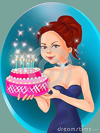 Pastry girl and birthday cake girl with pie, birthday cake and cute girl, cake, birthday, greeting card, pastry, cake girl, patis Stock Photo