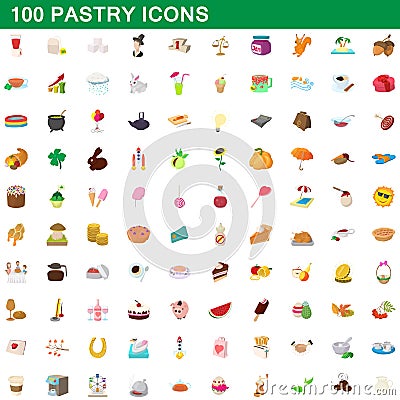 100 pastry icons set, cartoon style Vector Illustration