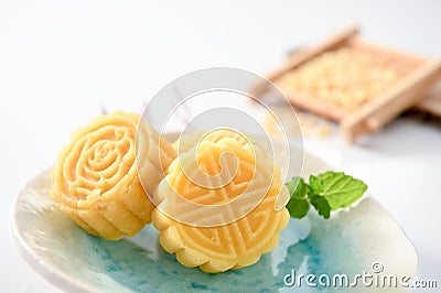 A pastry with mostly sweet fillings made for the Moon Festival, hence loosely translated as a moon cake Stock Photo