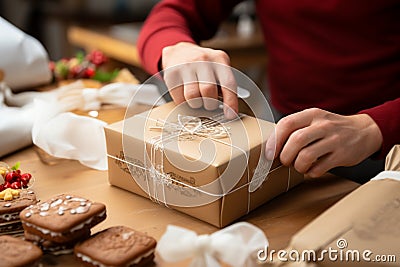 Pastry packaging: Confectioner's hands expertly encase cardboard box in close-up, showcasing skilled artistry. Stock Photo
